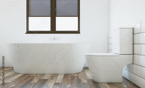 Modern bathroom with large window. 3D rendering.