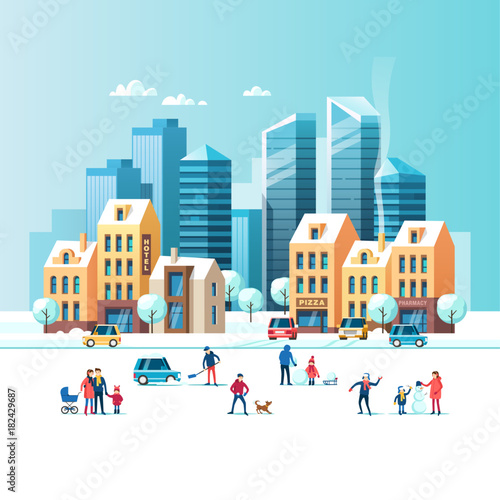 Snowy street. Urban winter landscape with people, modern skyscrapers and traditional city houses. Vector illustration.