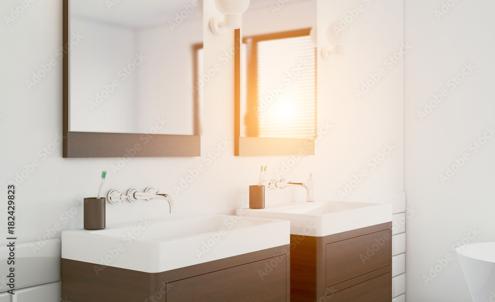 Modern bathroom with large window. 3D rendering. Sunset Modern bathroom with large window. 3D rendering. Sunset