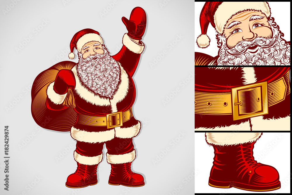 Santa Claus with bag of gifts. Cartoon character of Christmas or New Year  holidays. Classic vector