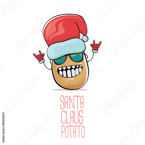 vector funky comic cartoon cute brown smiling santa claus potato with red santa hat isolated on white background. vegetable funky christmas character
