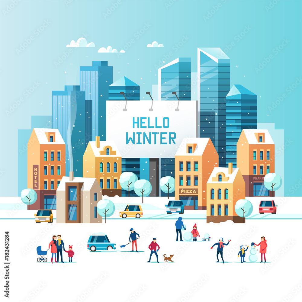 Plakat Snowy street. Urban winter landscape with people, modern skyscrapers and traditional city houses. Large urban billboard with text - Hello winter. Vector illustration.