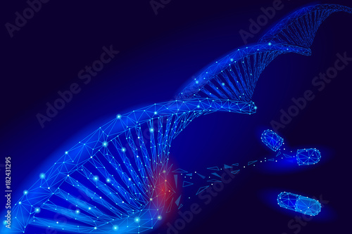 Gene therapy DNA 3D chemical molecule structure low poly. Polygonal triangle point line healthy cell part. Innovation blue medicine genome engineering vector illustration future business technology
