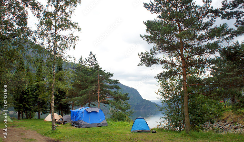 Tents by the lake in camping, beautiful nature, Odda, Hordaland, Norway