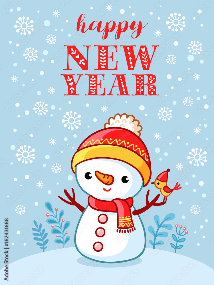 Christmas card with a cute and funny snowman. Vector illustration for Christmas theme with place for text. Christmas card with a cute and funny snowman. Vector illustration for Christmas theme with place for text.