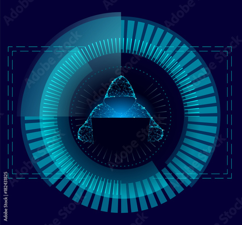 Internet security cyber attack avoid business concept low poly. Anonymous hacker at the laptop computer blue finance danger. HUD display target polygonal point line dot