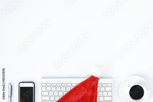 Top view desk of busiess with copy space and christmas festival theme background.