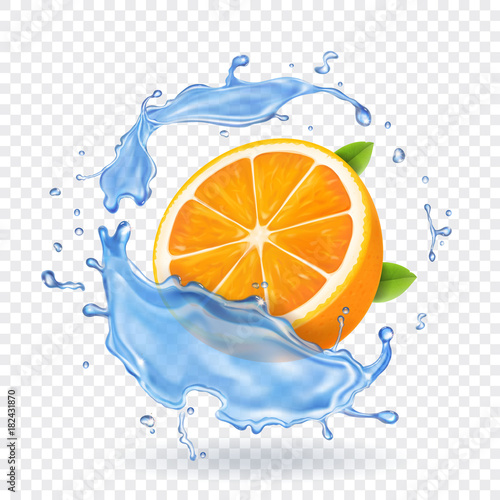 Orange fruit in water splash. Realistic fruit