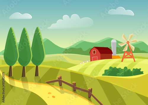 Cartoon vector farm landscape field with farmers building, large field farming striped. Farm flat landscape.