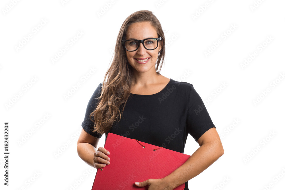 Beautiful blonde teacher or student holding material on white background Beautiful blonde teacher or student holding material on white background
