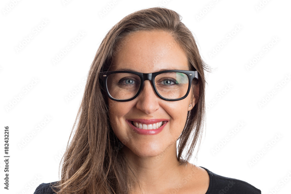 Blonde woman with glasses with a beautiful smile blue eyes and glasses on white background Blonde woman with glasses with a beautiful smile blue eyes and glasses on white background