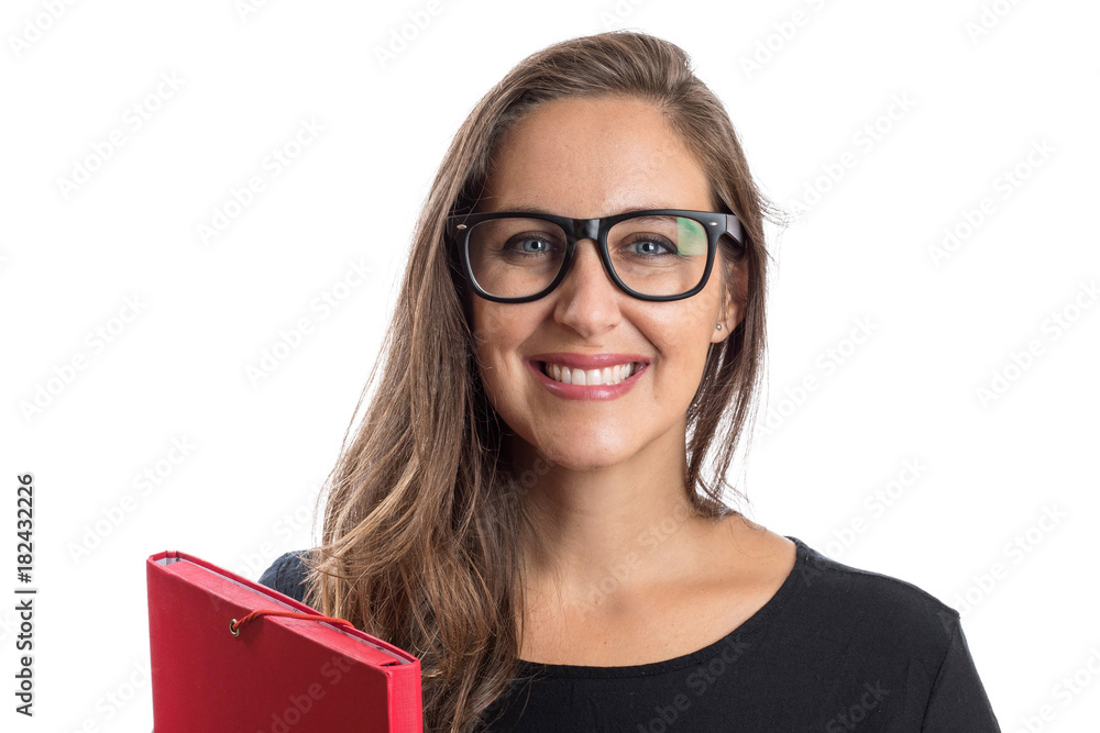 Beautiful blonde teacher or student holding material on white background Beautiful blonde teacher or student holding material on white background