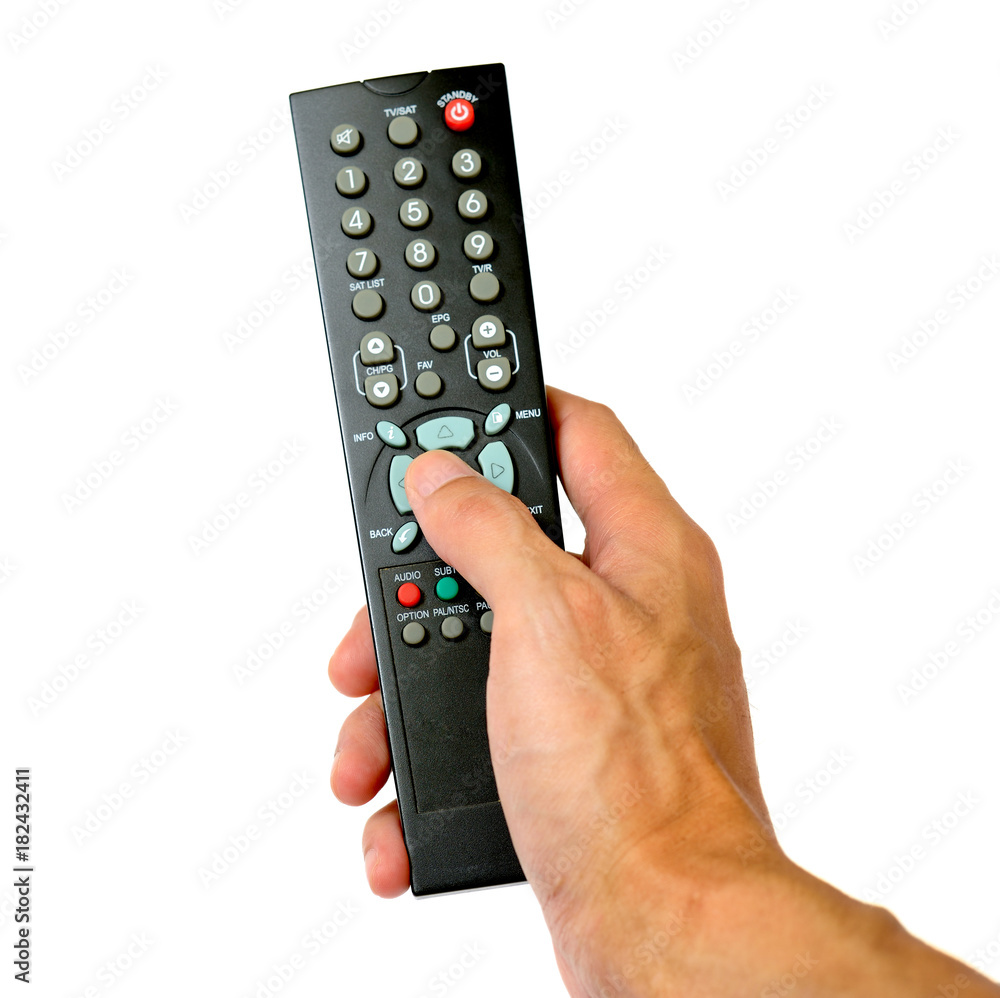Hand hold remote control and pressing button Hand hold remote control and pressing button