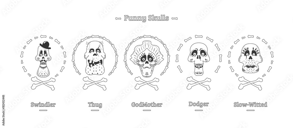 Day of the Dead. Set of skulls in black and white. Vector illustration