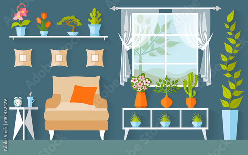 Vector room with houseplants and flowers. Illustration. Interior Design. Greenhouse.
