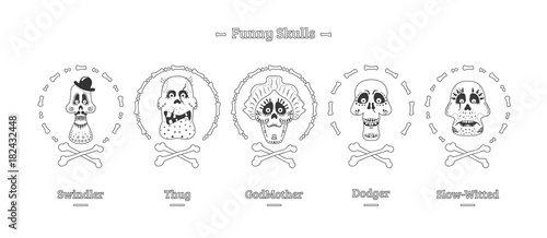 Day of the Dead. Set of skulls in black and white. Vector illustration