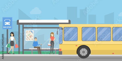 Bus stop with people.