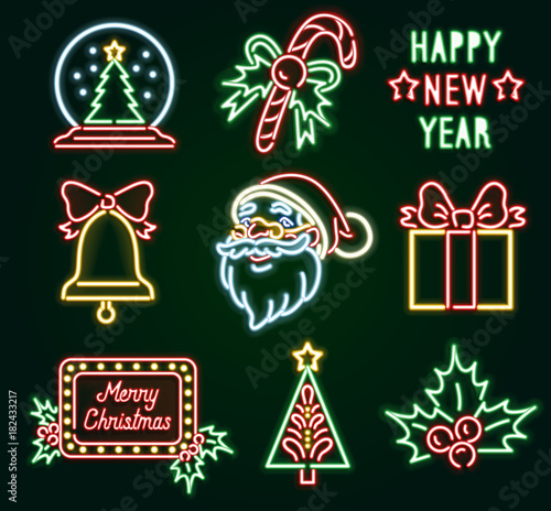 Set christmas neon sign. Neon sign, bright signboard, light banner. Vector icons