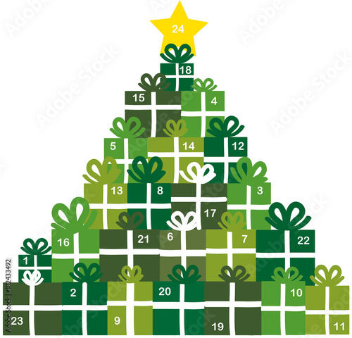 Adventskalender aus Geschenken und Päckchen als Weihnachtsbaum