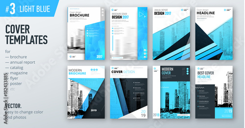 Set of business cover design template in light blue color for brochure, report, catalog, magazine or booklet. Creative vector background concept