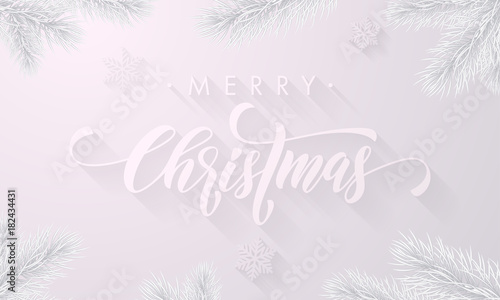 Merry Christmas frost icy calligraphy font and white snow background with frozen ice snowflakes for winter holiday greeting card. Vector Christmas or New Year snow frost tree fir branches design