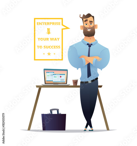 Man stands near the workplace. Character design of the top manager.