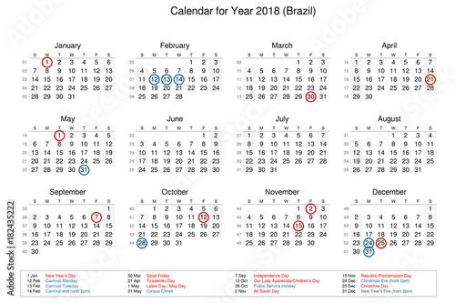 Calendar of year 2018 with public holidays and bank holidays for Brazil