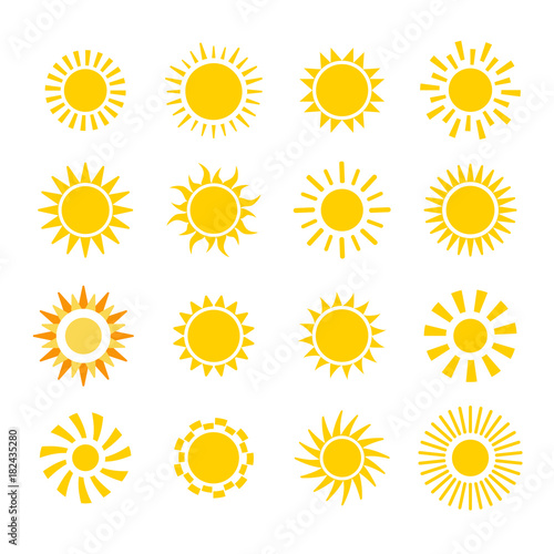 yellow flat sun icons set isolated on white background. Vector illustration