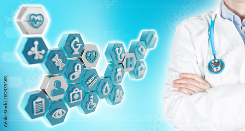 doctor and medical icons in blue background