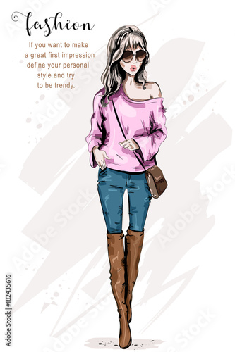 Fashion model posing. Stylish beautiful young woman in fashion clothes. Fashion look. Cute girl in sunglasses. Sketch.