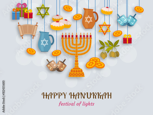 Hanukkah greeting card with Torah, menorah and dreidels. Place for your Text. Vector illustration.