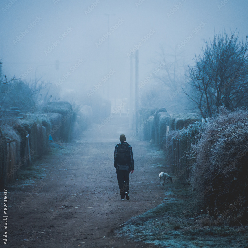 Weg im Winter bei Nacht und Nebel mit depressiver Stimmung