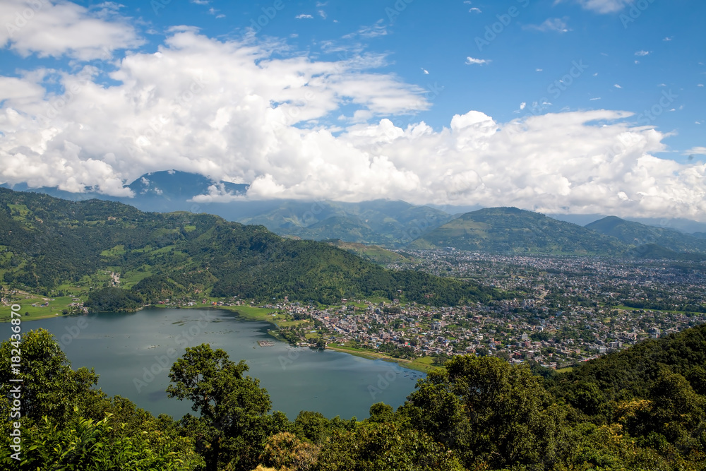 Nepal, Pokhara, Himalayas. Top view of the Phewa lake.
