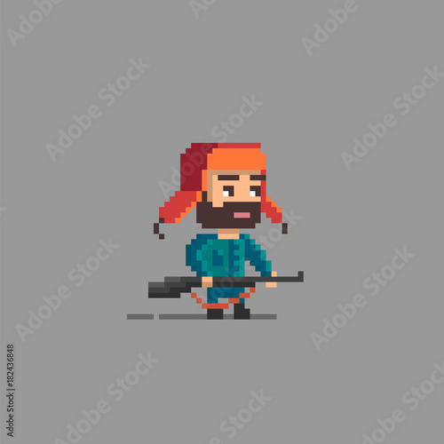 Pixel art hunter character.