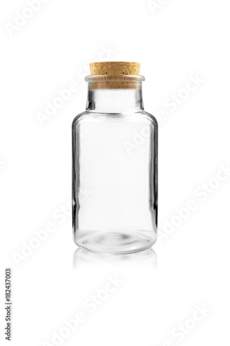 Empty glass bottle with cork isolated on white background with clipping path
