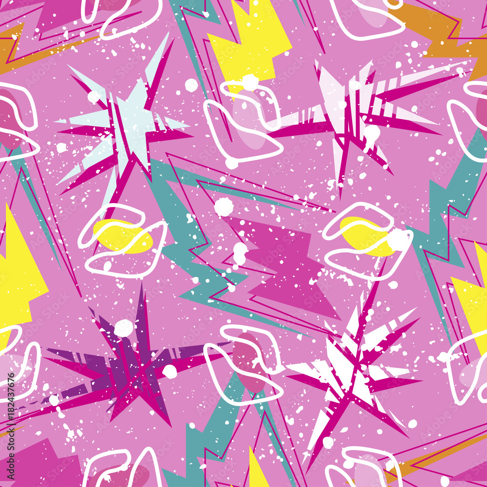 Fototapeta premium Abstract seamless vector pattern for girls, boys, clothes. Creative background with dots, geometric figures Funny wallpaper for textile and fabric. Fashion style. Colorful bright