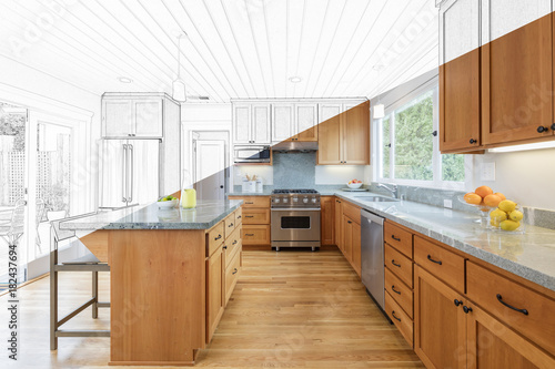 Slika na platnu Split Screen Of Drawing and Photo of New Kitchen - Illustration