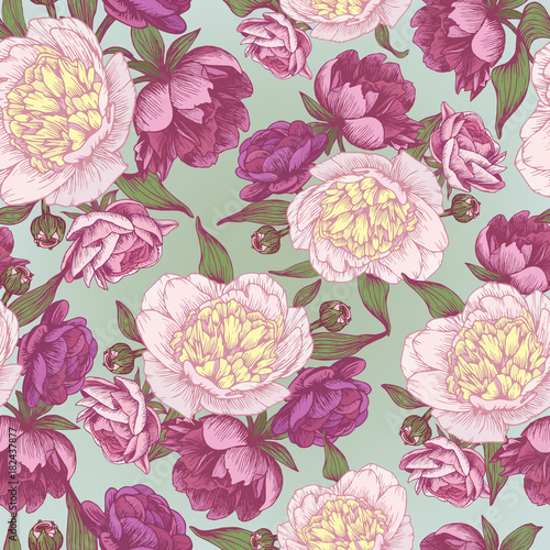 Vector floral seamless pattern with hand drawn pink and white peonies. Floral background in vintage style 