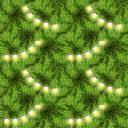 Xmas and New Year seamless pattern. Christmas lights on pine branches. Garland lights decorations and spruce fir tree. Winter Holiday xmas  backdrop.