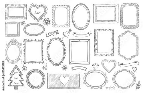 Big set of hand drawn isolated frames and different elements: hearts, banners, flowers, lettering.