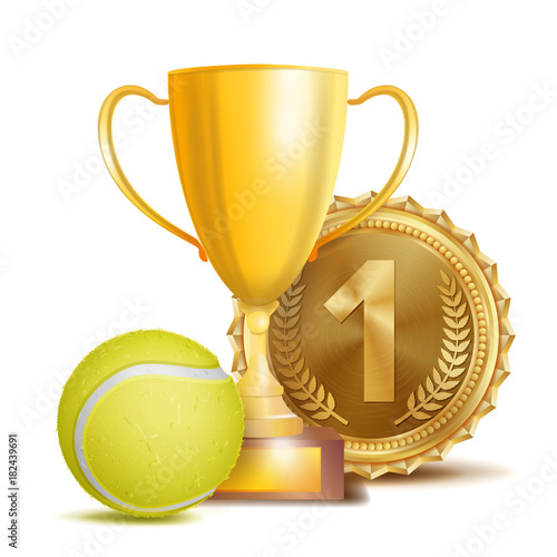 Tennis Award Vector. Sport Banner Background. Yellow Ball, Gold Winner Trophy Cup, Golden 1st Place Medal. 3D Realistic Isolated Illustration
