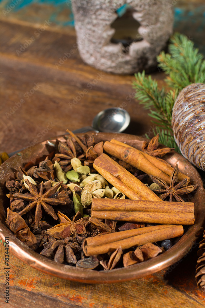 Collection of spices for winter and Christmas days, used for baking and mulled wine