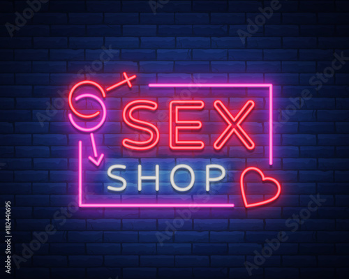 Sex shop logo, night sign in neon style. Neon sign, a symbol for sex shop promotion. Adult Store. Bright banner, nightly advertising. Vector Illustration