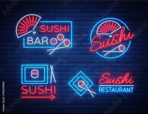 Set of logos, signs in neon style on sushi, Japanese food, seafood. A collection of bright luminous signs, advertising a restaurant bar of Japanese food sushi. Vector illustration