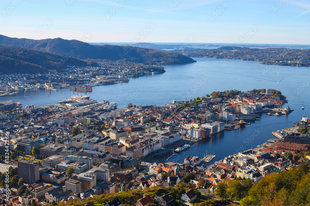Overhead view of Bergen Norway from Mount Floyen
