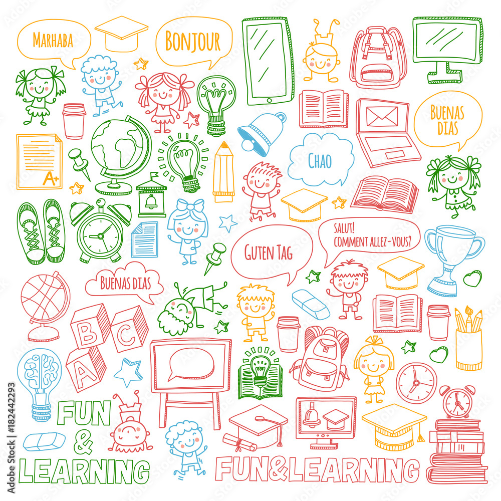 Vector doodle set with children Language school isolated on white background Vector doodle set with children Language school isolated on white background