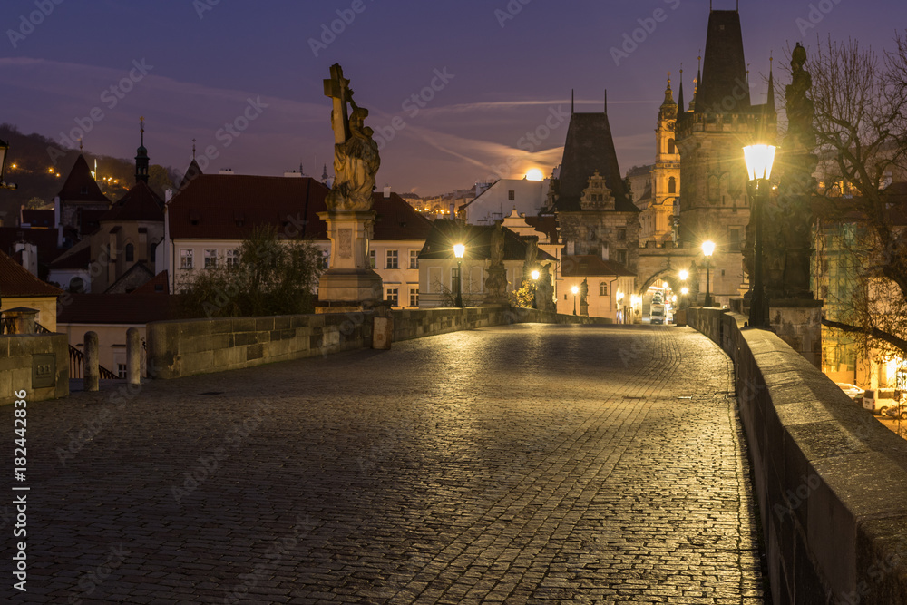 Famous Charles bridge in twilight, Prague, Czech Republic