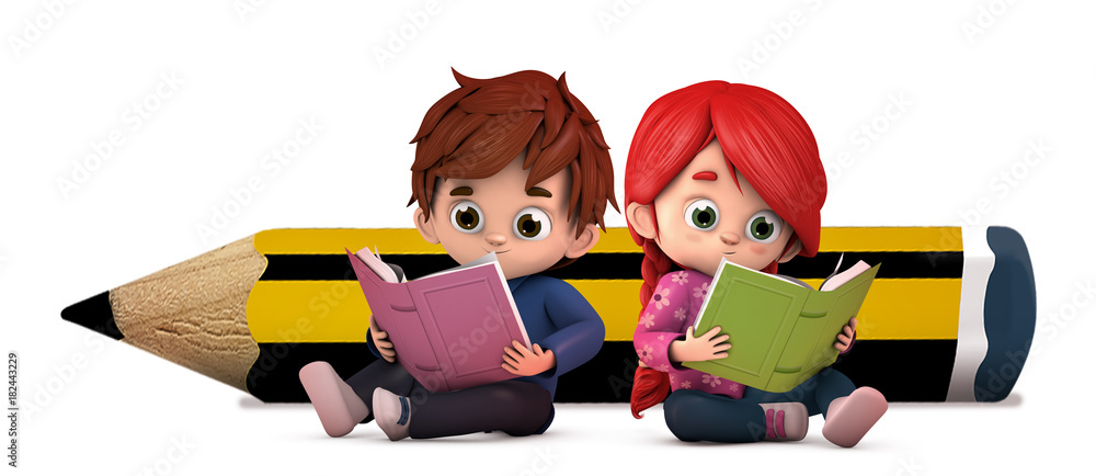 niños leyendo libros con lapiz gigante Stock Illustration | Adobe Stock