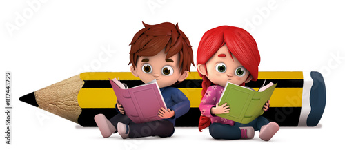 Bild auf Leinwand niños leyendo libros con lapiz gigante