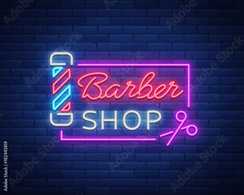 Barber shop logo neon sign, logo design elements. Can be used as a header or template for logos, labels, cards. Neon Signboard, Bright Lighting Advertising Hairdressing. Vector illustration